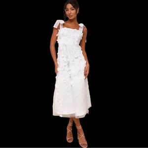 Lulus Effortlessly Sweet White Tulle 3D Floral Tie-Strap Midi Dress Wedding NWOT